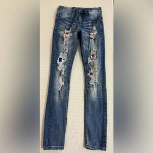 Decibel denim jeans. Distressed Ripped Patched Colorful Embroidered 28x31